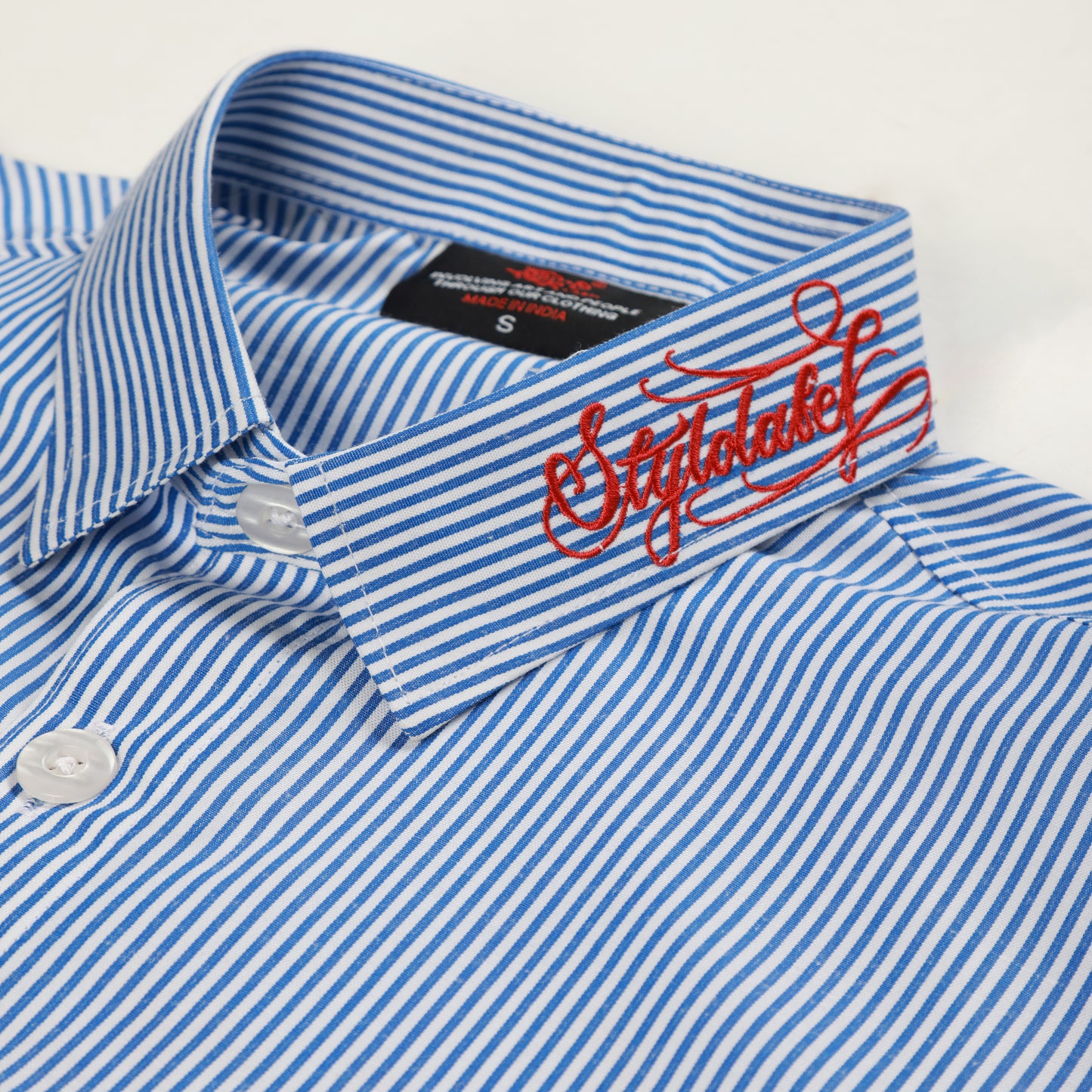 Embroidered Stripe Collar Shirt(Blue)